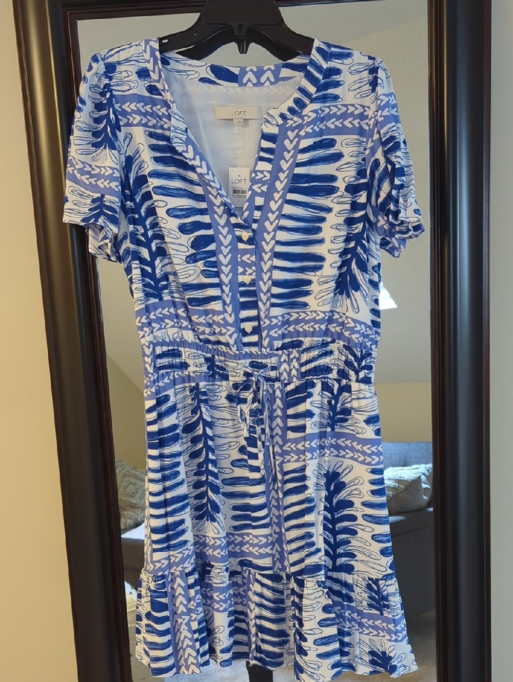 LOFT NWT Fern Print Tie Waist  Blue & White V-Neck Printed Mini Dress
